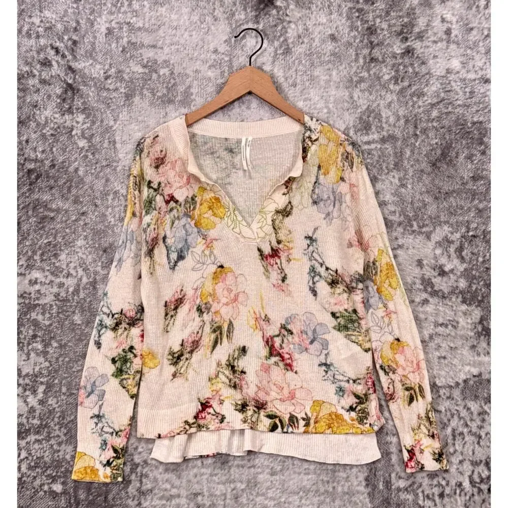 Anthropologie Top XS Womens Linen Blend Knit Floral Print Long Sleeve